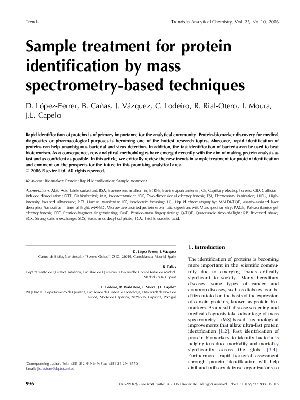 (PDF) Sample treatment for protein identification by mass spectrometry ...