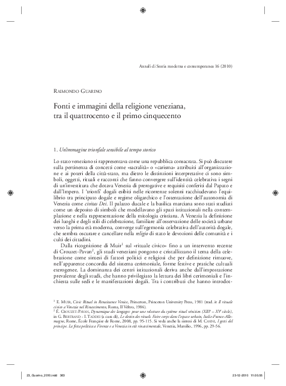 Fonti e immagini della religione veneziana, tra il Quattrocento e il primo Cinquecento.