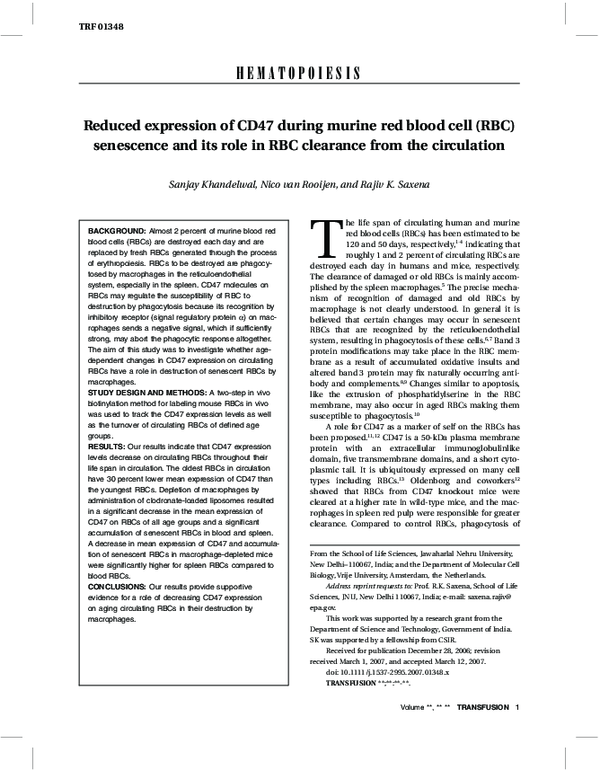 (PDF) Reduced expression of CD47 during murine red blood cell (RBC ...