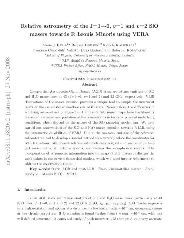 (PDF) Relative Astrometry of the J = 1->0, v = 1 and v = 2 SiO Masers ...