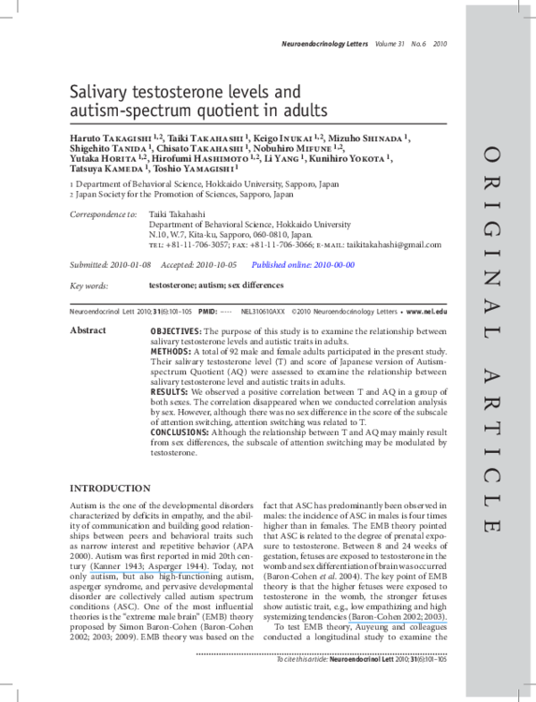 (PDF) Salivary testosterone levels and autism-spectrum quotient in adults