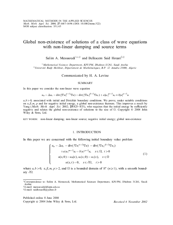 (PDF) Global non-existence of solutions of a class of wave equations ...