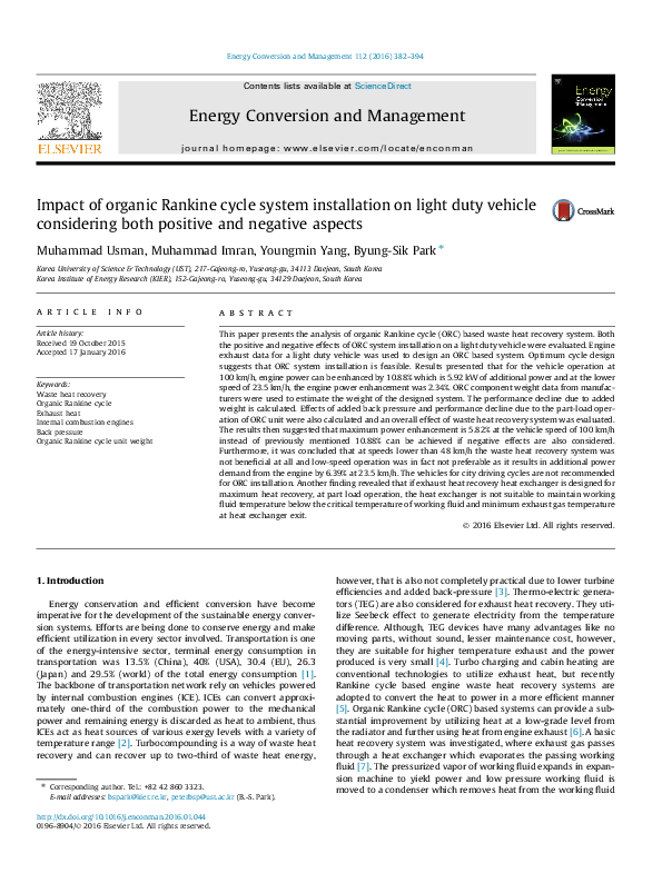 (PDF) Impact of organic Rankine cycle system installation on light duty ...