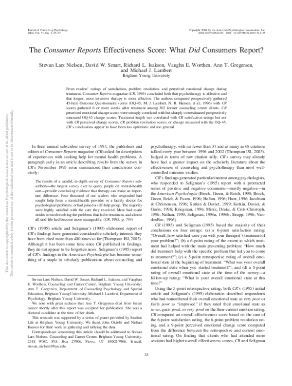 (PDF) The Consumer Reports Effectiveness Score: What Did Consumers Report?