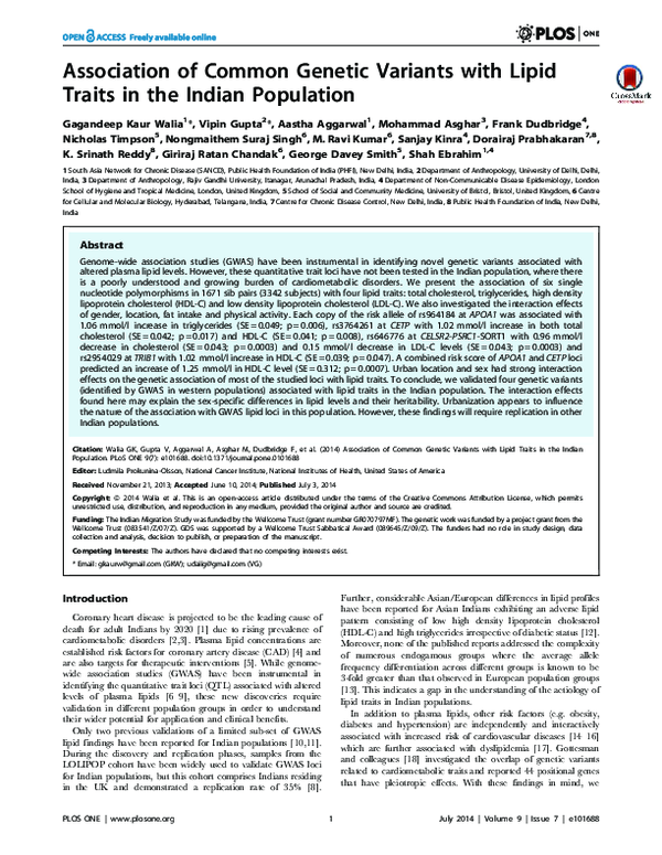 (PDF) Association of Common Genetic Variants with Lipid Traits in the ...