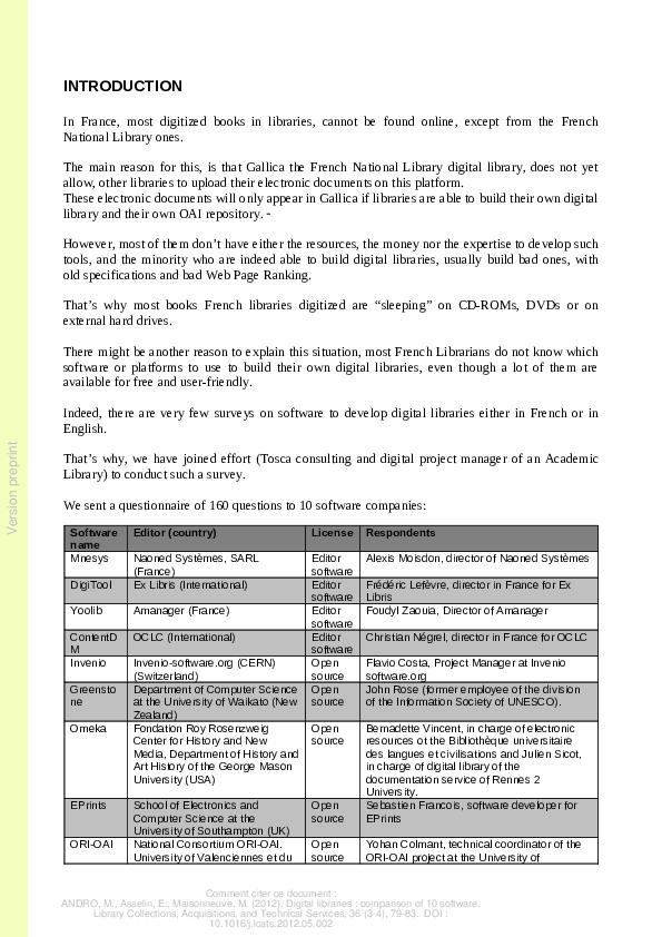 (PDF) Digital libraries Comparison of 10 software Emmanuelle Asselin, Mathieu Andro, and Marc