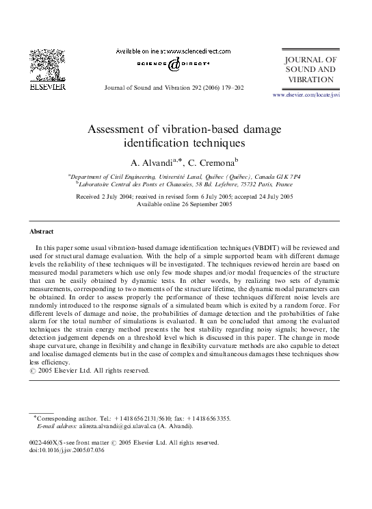 (PDF) Assessment of vibration-based damage identification techniques