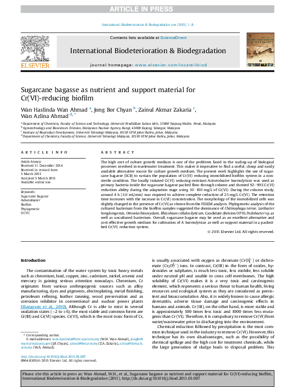 (PDF) Sugarcane bagasse as nutrient and support material for Cr(VI)reducing biofilm Zainul