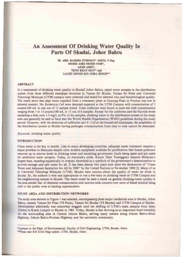 (PDF) An Assessment Of Drinking Water Quality In Parts Of Skudai, Johor ...
