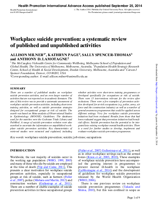 (PDF) Workplace suicide prevention: a systematic review of published ...