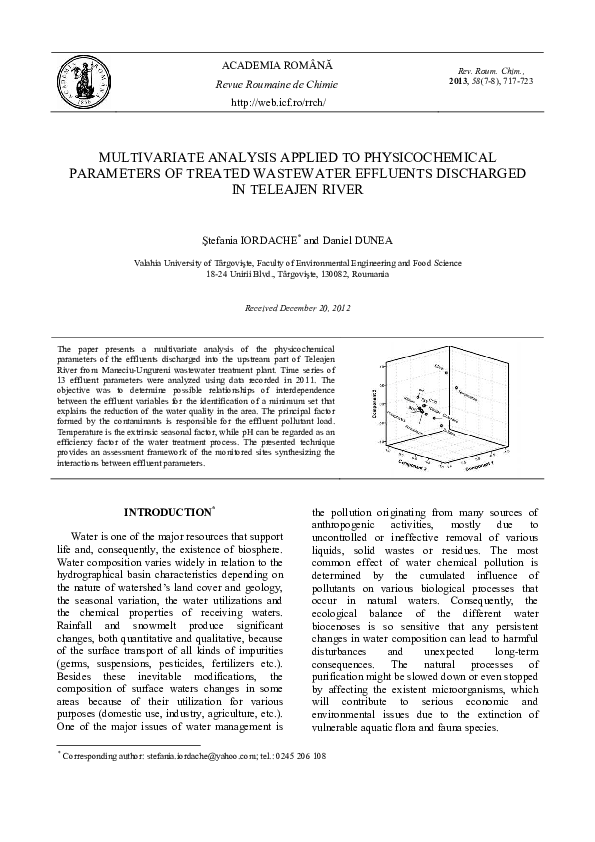 (PDF) MULTIVARIATE ANALYSIS APPLIED TO PHYSICOCHEMICAL PARAMETERS OF ...