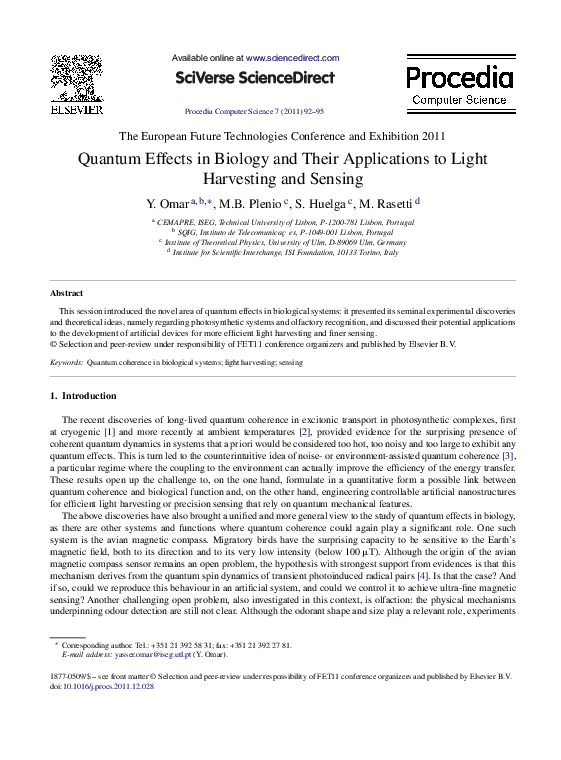 (PDF) Quantum Effects in Biology and Their Applications to Light ...