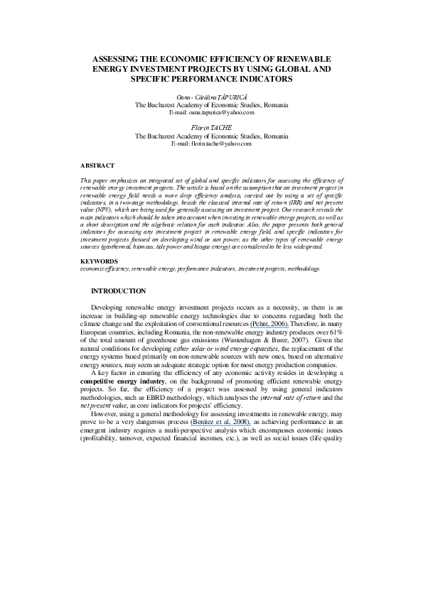 (PDF) Assessing the Economic Efficiency of Renewable Energy Investment ...