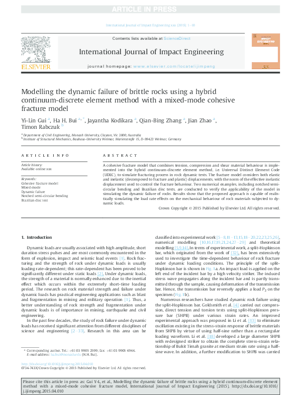 (PDF) Modelling the dynamic failure of brittle rocks using a hybrid continuumdiscrete element
