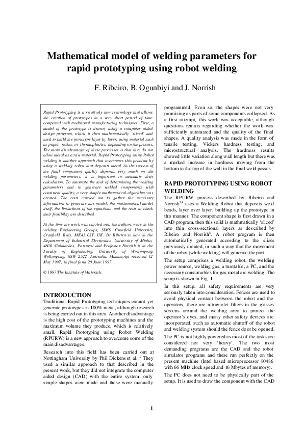 (PDF) Mathematical model of welding parameters for rapid prototyping