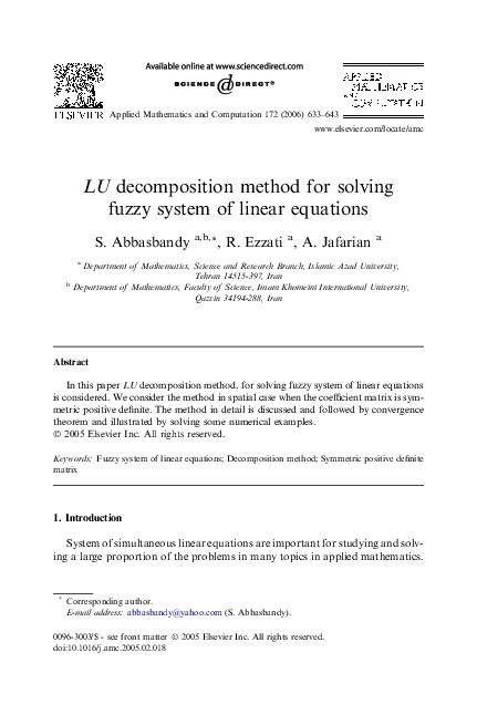 (PDF) LU decomposition method for solving fuzzy system of linear equations
