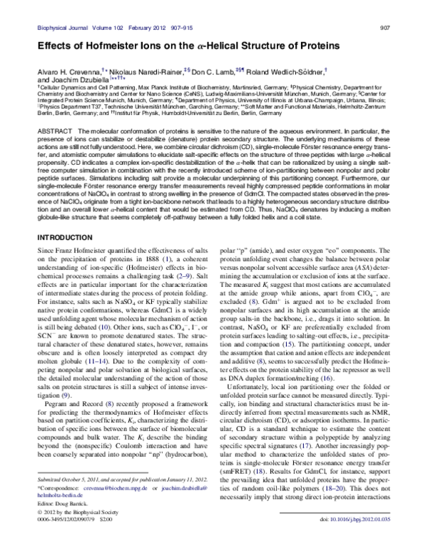 (PDF) Effects of Hofmeister Ions on the α-Helical Structure of Proteins