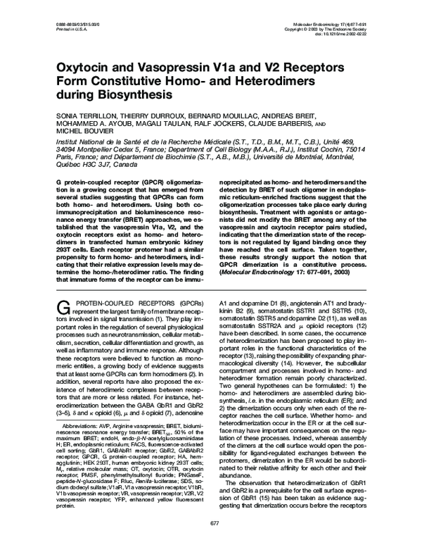 (PDF) Oxytocin and Vasopressin V1a and V2 Receptors Form Constitutive ...
