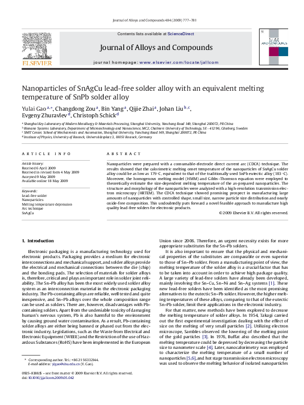 (PDF) Nanoparticles of SnAgCu leadfree solder alloy with an equivalent