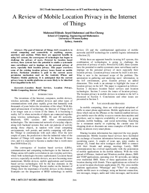 (PDF) A review of mobile location privacy in the Internet of Things
