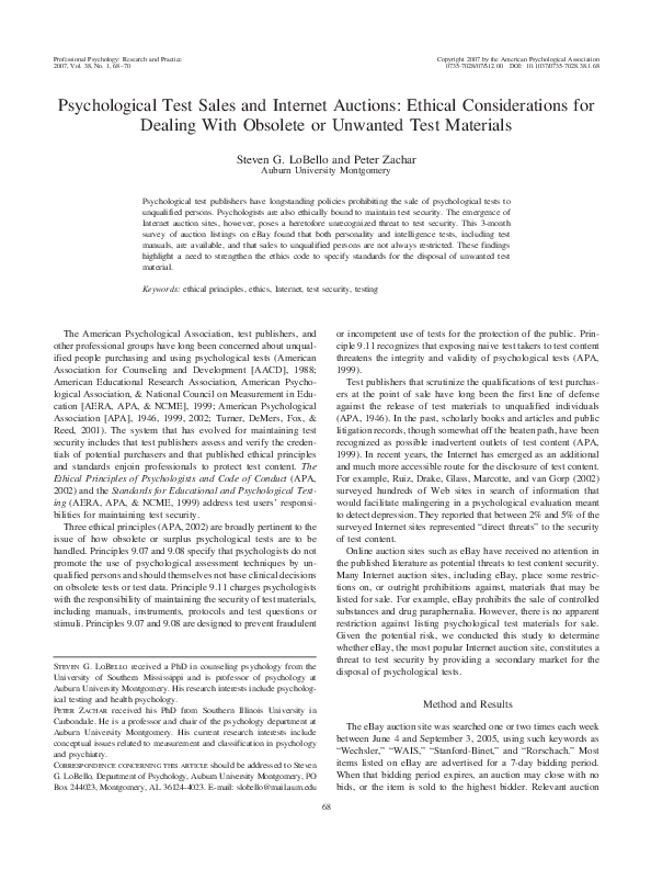 PDF) Psychological test sales and internet auctions: Ethical 