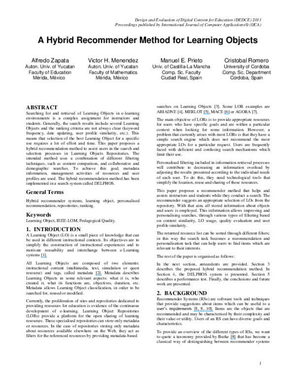 (PDF) A Hybrid Recommender Method for Learning Objects