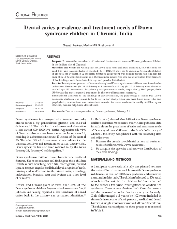 (PDF) Dental caries prevalence and treatment needs of Down syndrome ...