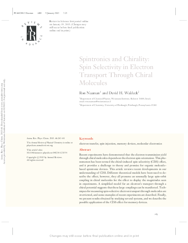 (PDF) Spintronics and chirality: spin selectivity in electron transport ...