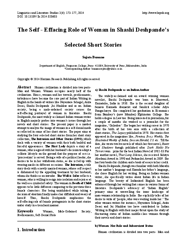 (PDF) The Self Effacing Role of Woman in Shashi Deshpande’s Selected