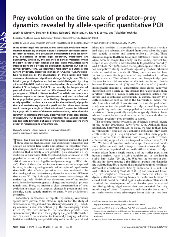(PDF) Prey evolution on the time scale of predator-prey dynamics ...