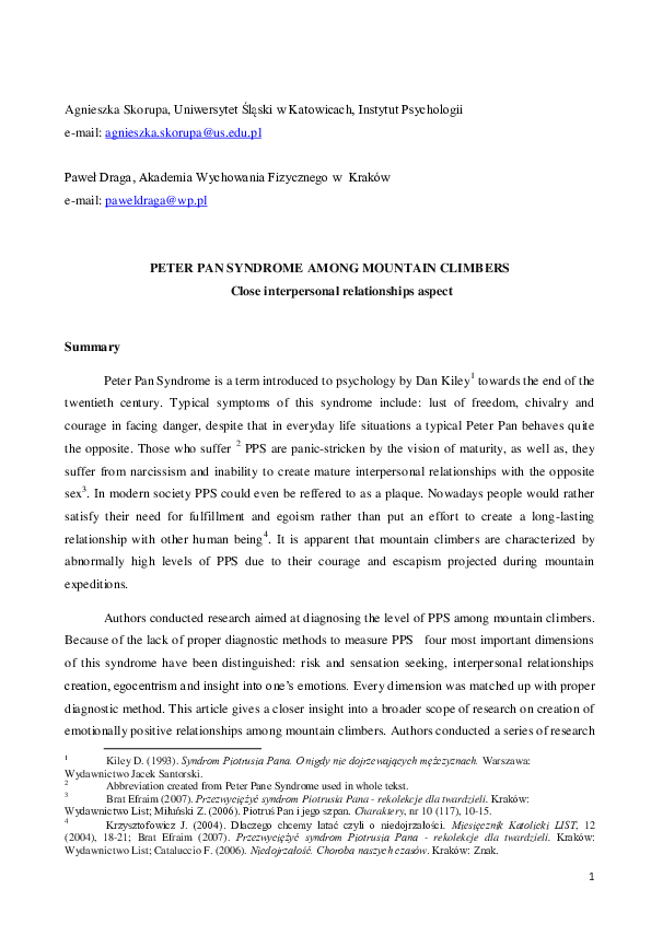 (PDF) Peter Pan Syndrome Among Mountain Climbers. Close interpersonal ...
