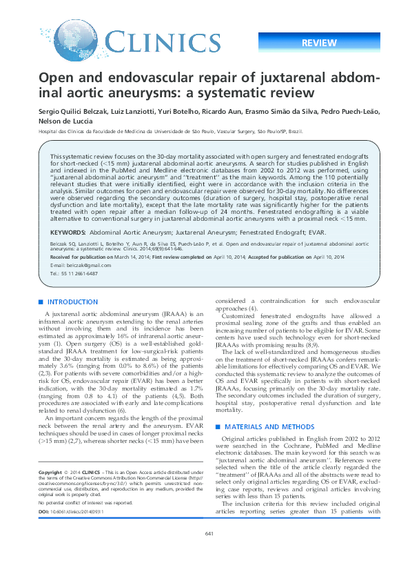 (PDF) Open and endovascular repair of juxtarenal abdominal aortic ...