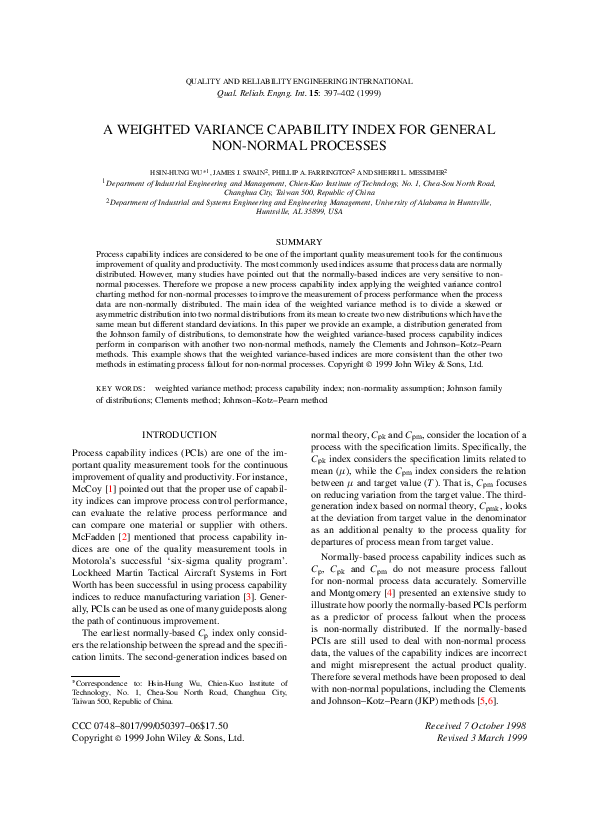(PDF) A weighted variance capability index for general non-normal processes
