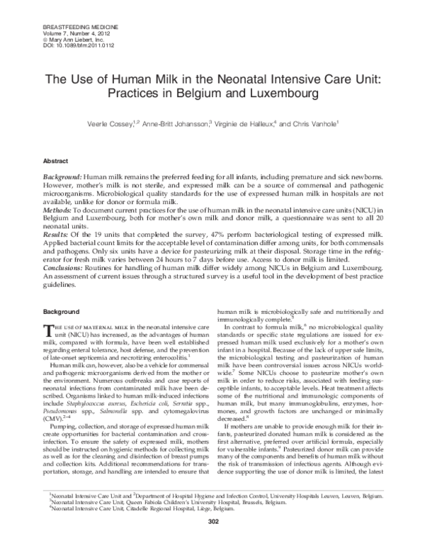 Pdf The Use Of Human Milk In The Neonatal Intensive Care Unit Practices In Belgium And Luxembourg Virginie De Halleux And Anne Britt Johansson Academia Edu