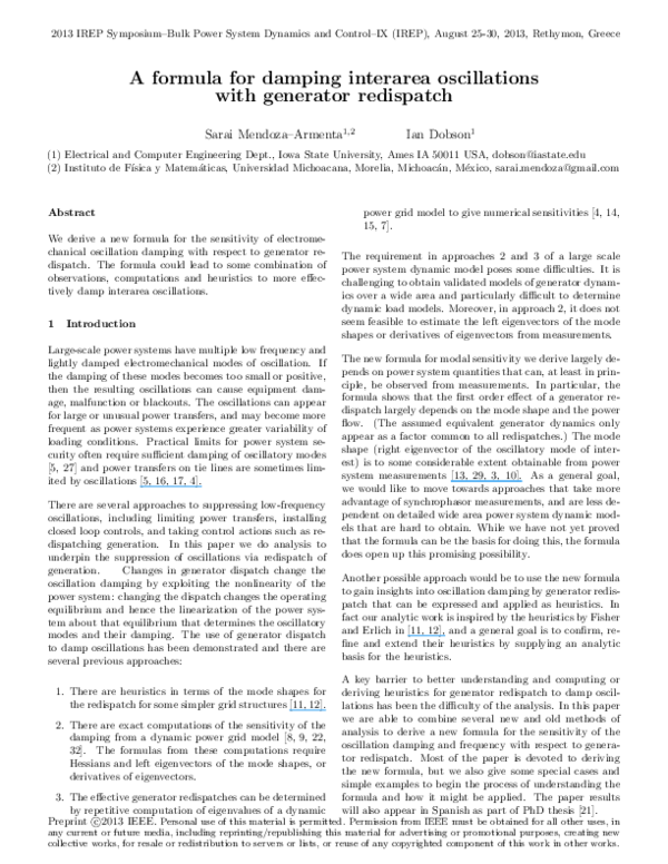 (PDF) A formula for damping interarea oscillations with generator ...