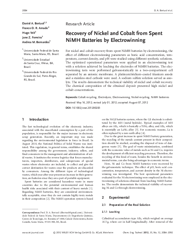 (PDF) Recovery of Nickel and Cobalt from Spent NiMH Batteries by ...