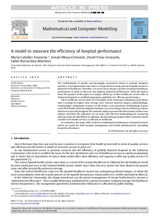 (PDF) A model to measure the efficiency of hospital performance