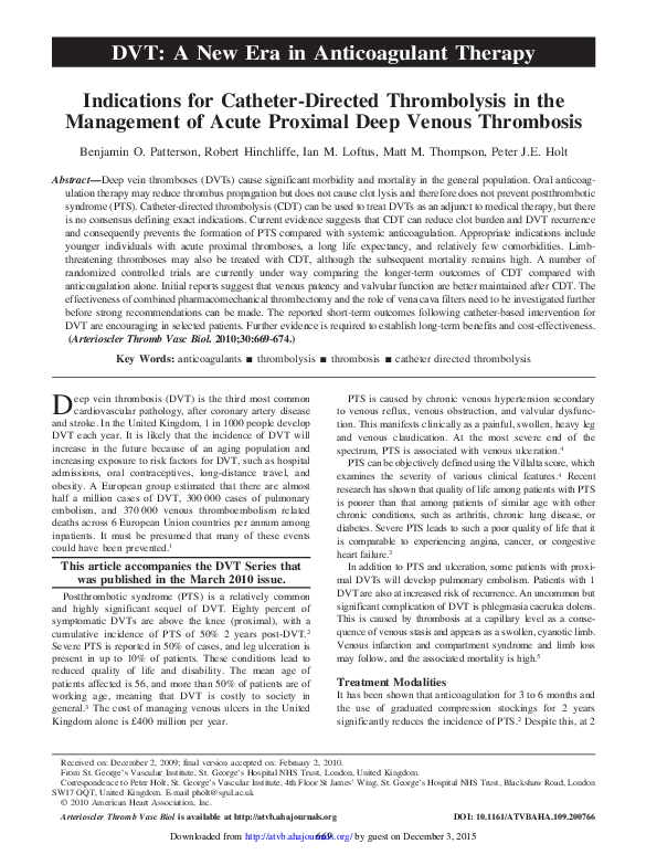(PDF) Indications for CatheterDirected Thrombolysis in the Management