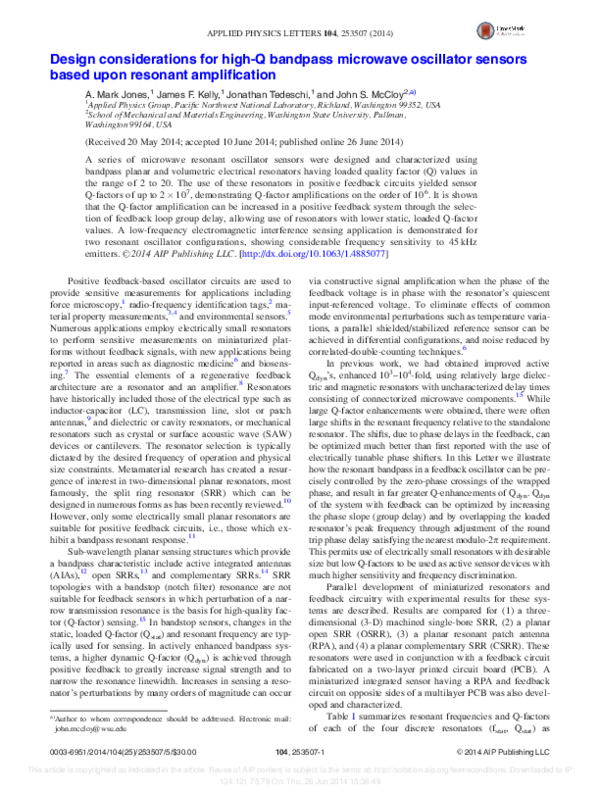 Pdf Design Considerations For High Q Bandpass Microwave Oscillator Sensors Based Upon Resonant Amplification John Mccloy Academia Edu