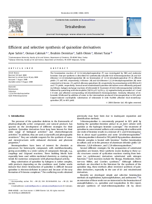 (PDF) Efficient and selective synthesis of quinoline derivatives