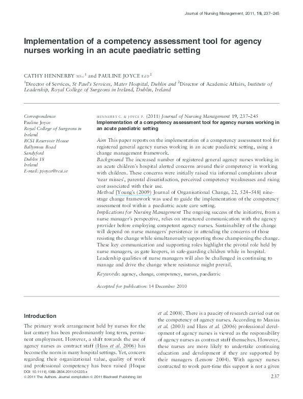 (PDF) Implementation of a competency assessment tool for agency nurses ...