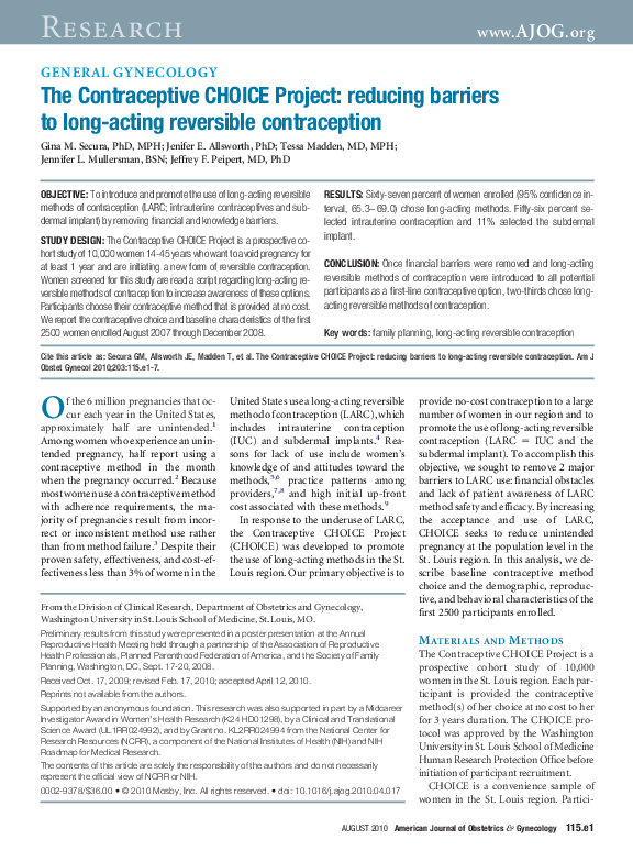 (PDF) The Contraceptive CHOICE Project: reducing barriers to long ...