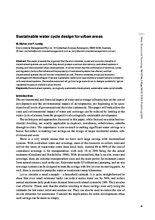(PDF) Sustainable water cycle design for urban areas