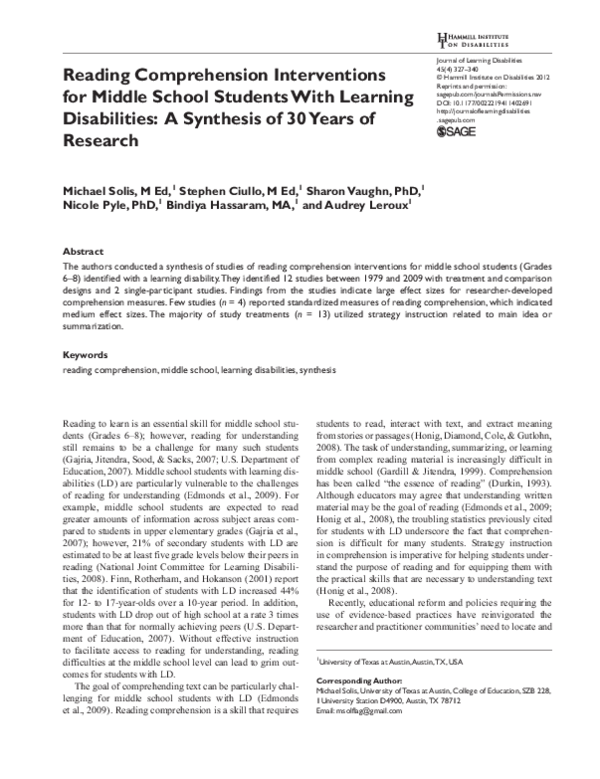 Pdf Reading Comprehension Interventions For Middle School Students With Learning Disabilities A Synthesis Of 30 Years Of Research Michael Solis And S Ciullo Academia Edu