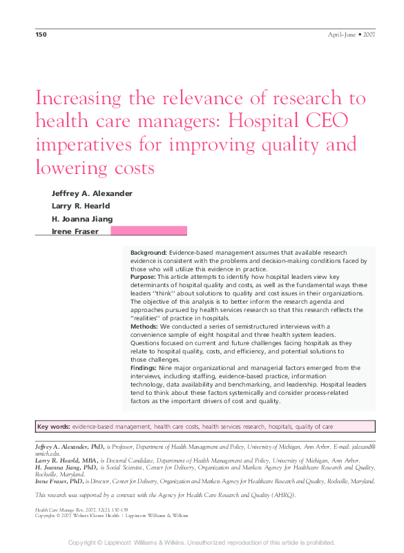 (PDF) Increasing the relevance of research to health care managers