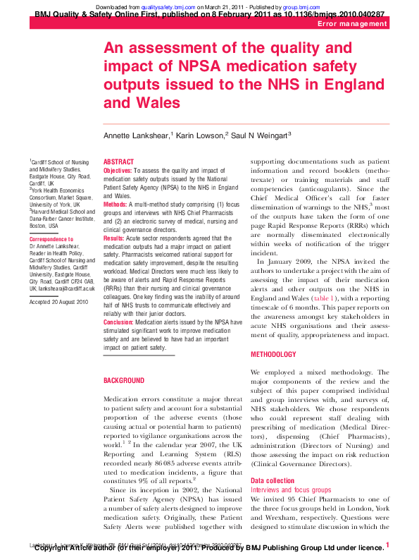 (PDF) An assessment of the quality and impact of NPSA medication safety ...