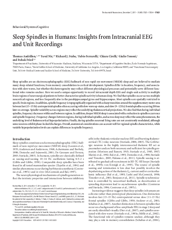 (PDF) Sleep Spindles in Humans: Insights from Intracranial EEG and Unit ...
