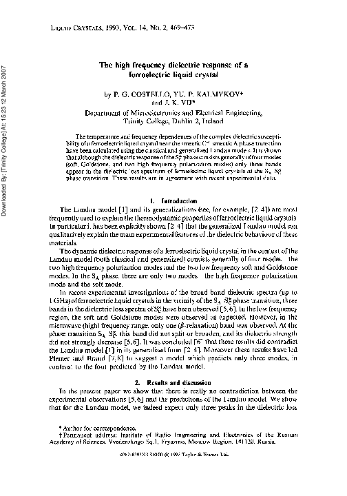 (PDF) The high frequency dielectric response of a ferroelectric liquid ...