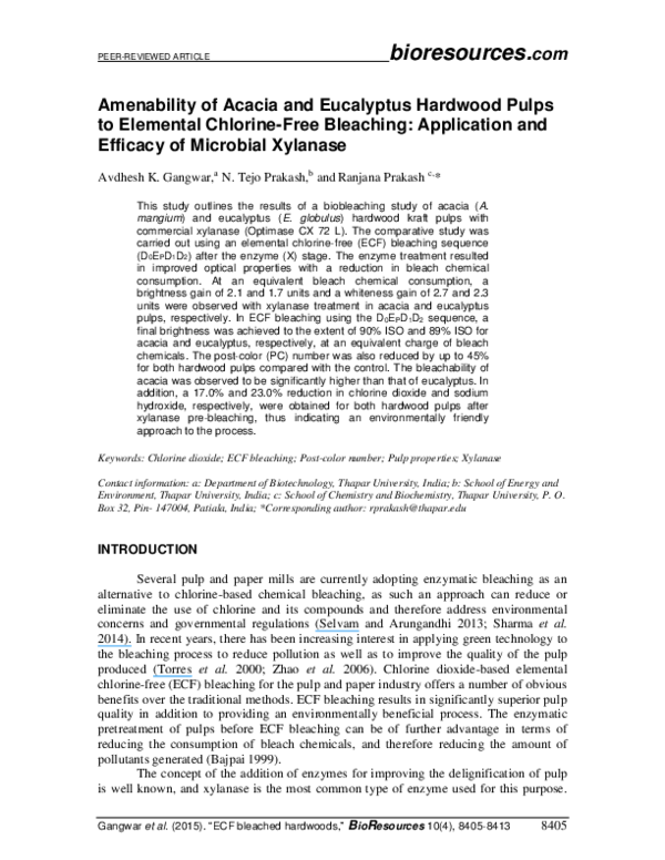 (PDF) Amenability of Acacia and Eucalyptus Hardwood Pulps to Elemental ChlorineFree Bleaching