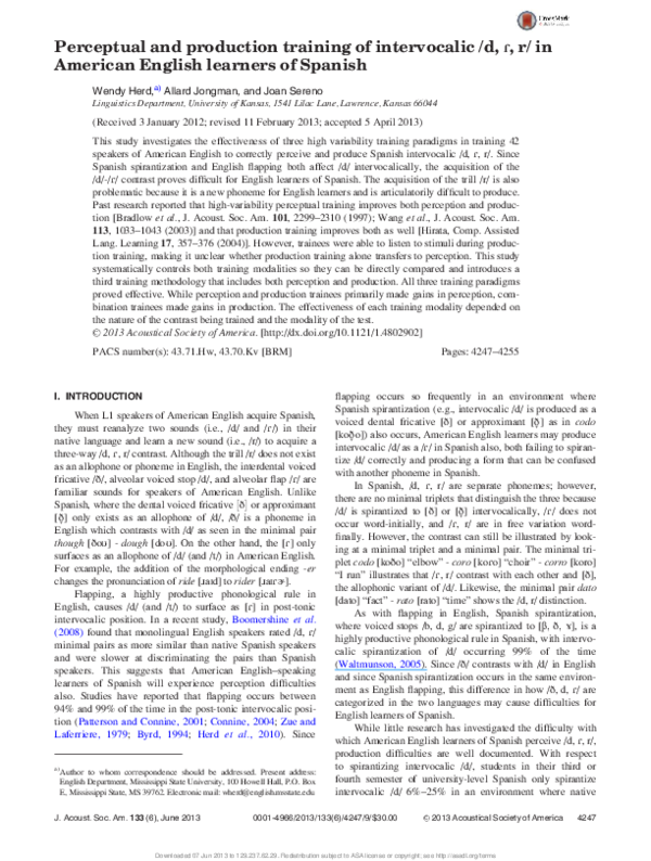 (PDF) Perceptual and production training of intervocalic /d, ɾ, r/ in ...